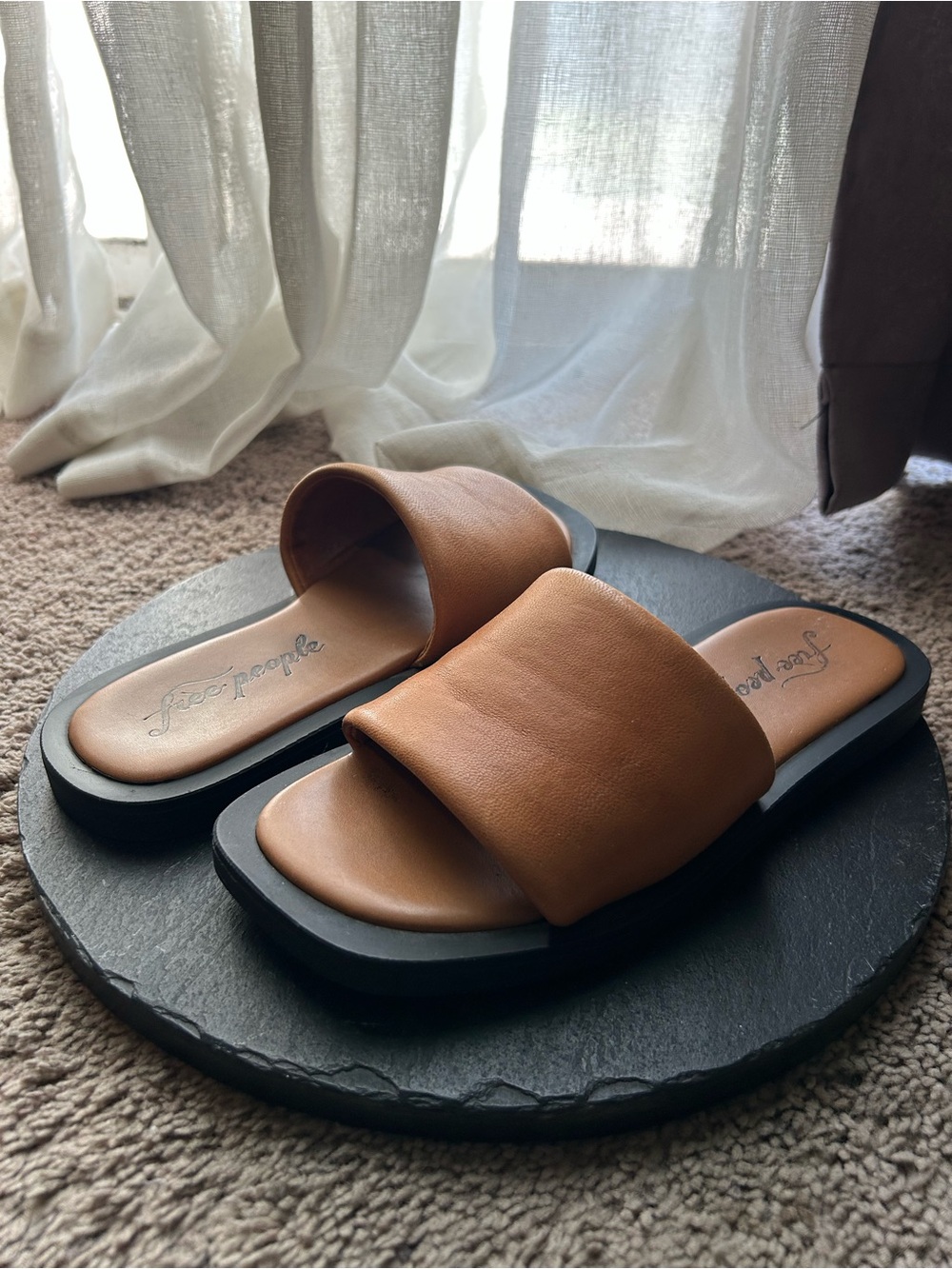 Free People Tan Leather Slide Sandals